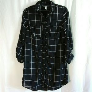 Grid print long dress shirt polyester Goth grunge